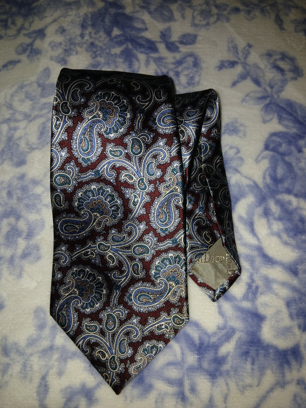 Dior Men's Paisley Silk Tie in Burgundy, Blue and Black
